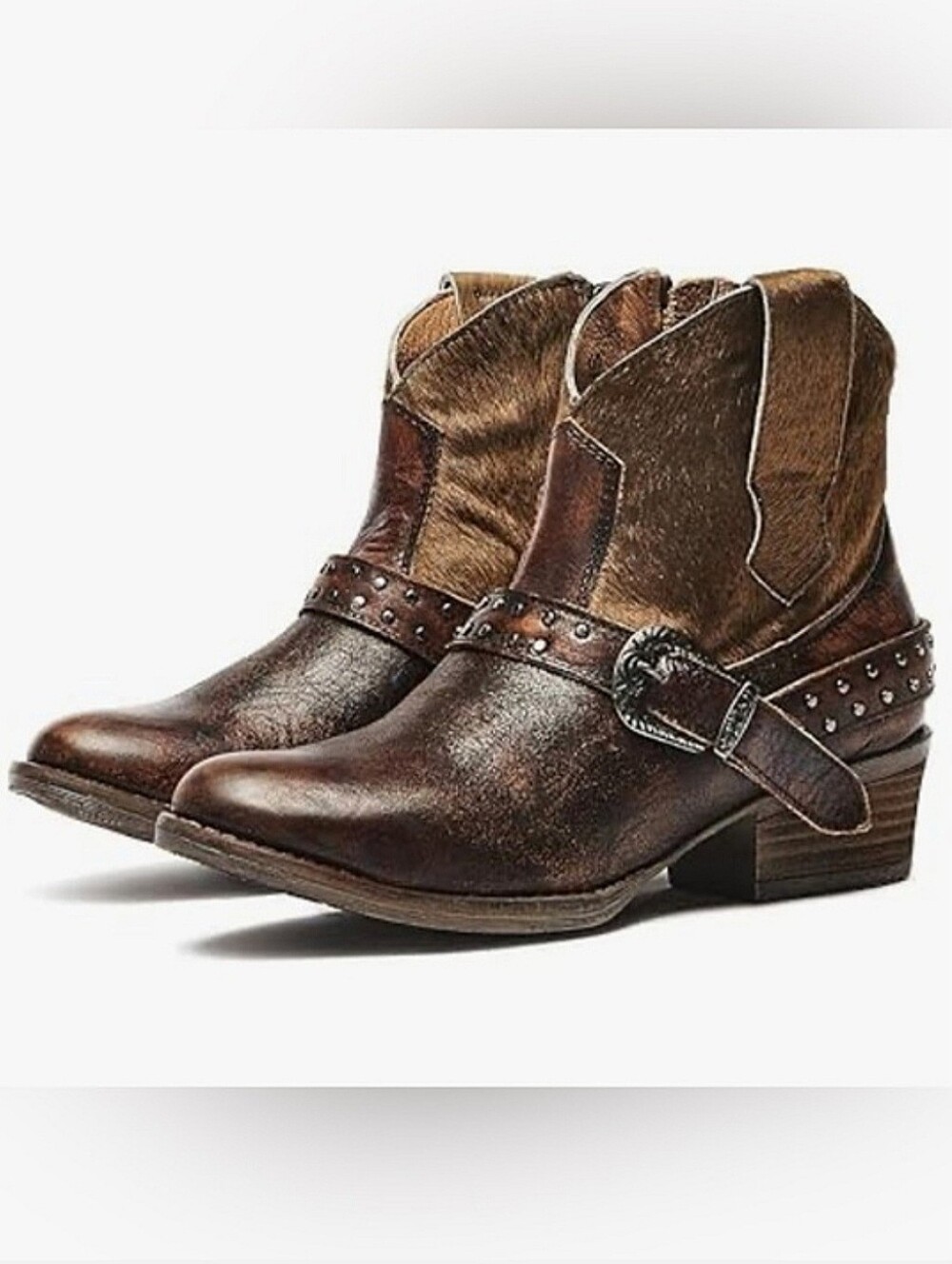 Sterling River Western Buckle Ankle Boots Cowhide Brown Leather | Women's Size 8